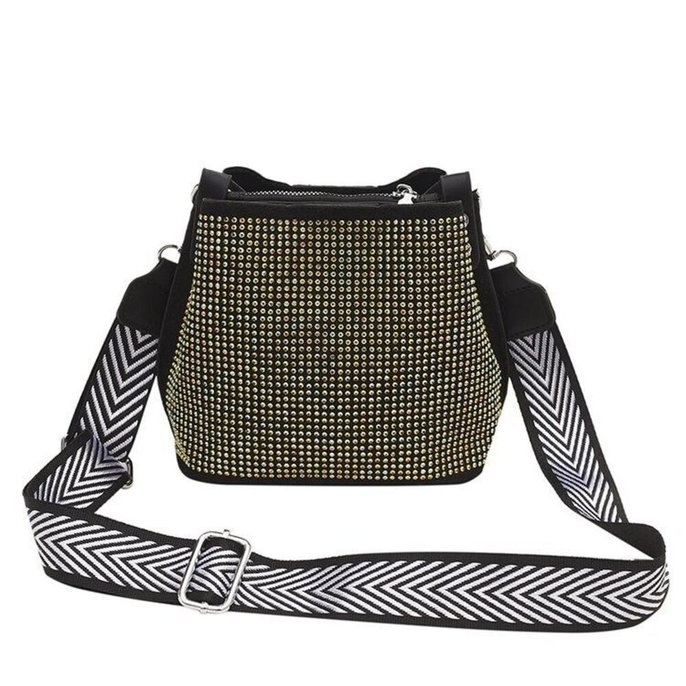 Women's Black And Gold  Bucket Shoulder Bag With Long Wide Strap